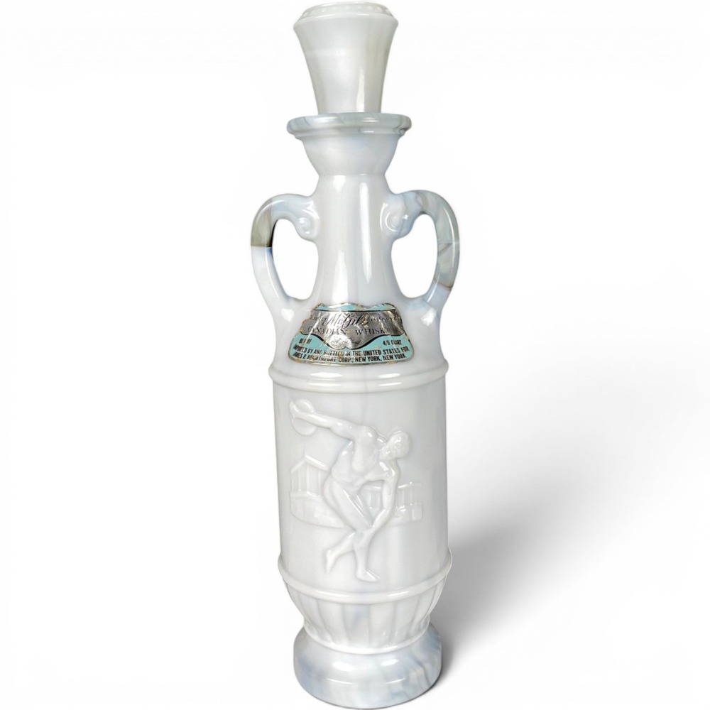 Vintage Lord Calvert Canadian Whisky Slag Glass Decanter Discus Thrower White